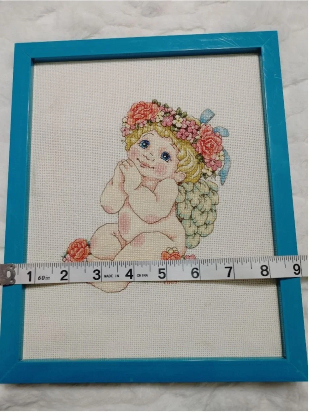 Handmade Blue and White Angel Cherub Cross Stitch Picture Frame 9x11